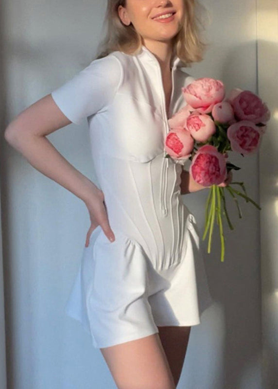 Modern White Stand Collar Zippered Bodysuit Tops