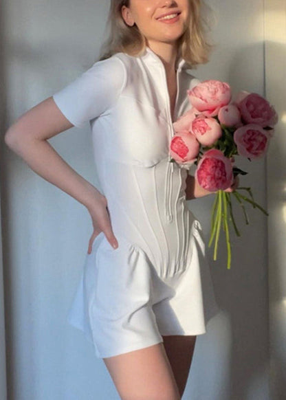 Modern White Stand Collar Zippered Bodysuit Tops