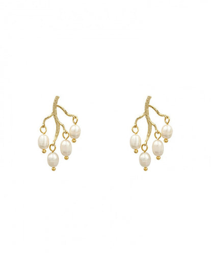 Modern White Sterling Silver Overgild Inlaid Pearl Branch Shaped Hoop Earrings