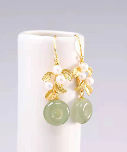 Modern White Sterling Silver Overgild Inlaid Pearl Jade Drop Earrings
