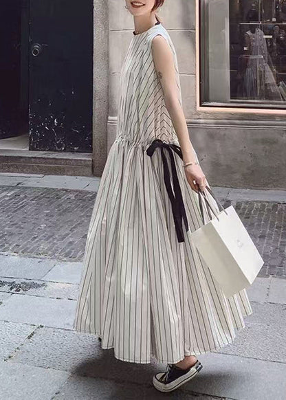 Modern White Striped Lace Up Cotton Maxi Dresses Sleeveless