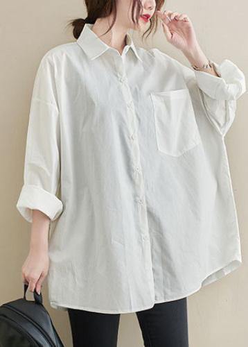 Modern White Tunic Lapel Pockets Midi Spring Tops - SooLinen