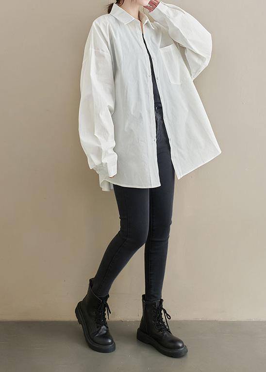 Modern White Tunic Lapel Pockets Midi Spring Tops - SooLinen