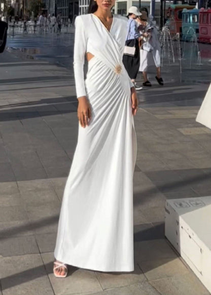 Modern White V Neck Patchwork Side Open Cotton Dresses Long Sleeve