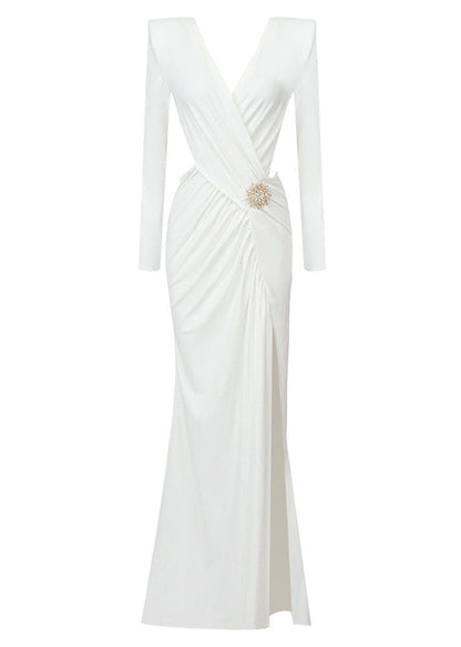 Modern White V Neck Patchwork Side Open Cotton Dresses Long Sleeve