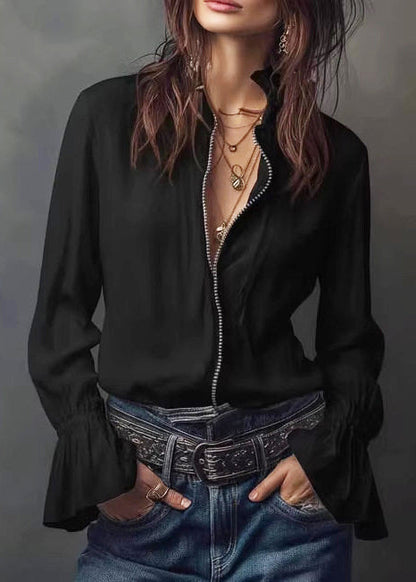 Modern White Zippered Stand Collar Chiffon Top Long Sleeve
