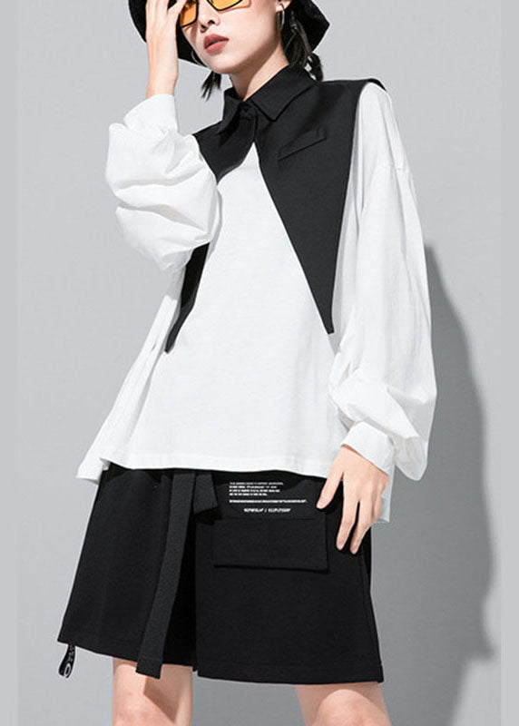 Modernes weißes Laternenärmel-Patchwork-Peterpan-Kragen-Herbsthemd