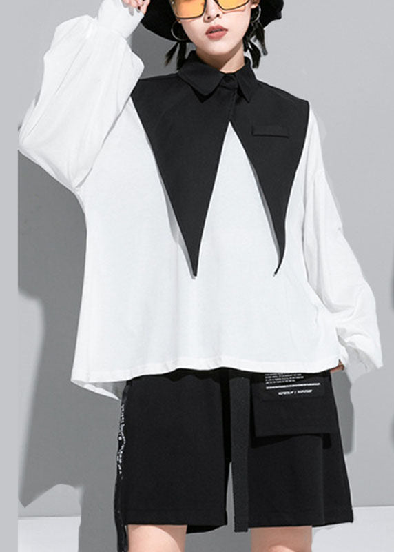 Modernes weißes Laternenärmel-Patchwork-Peterpan-Kragen-Herbsthemd