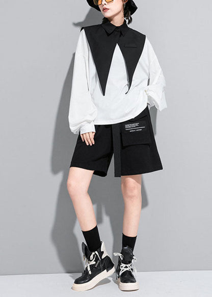 Modernes weißes Laternenärmel-Patchwork-Peterpan-Kragen-Herbsthemd