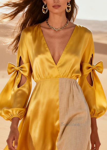 Modern Yellow Asymmetrical Patchwork Hollow Out Silk Robe Dresses Summer