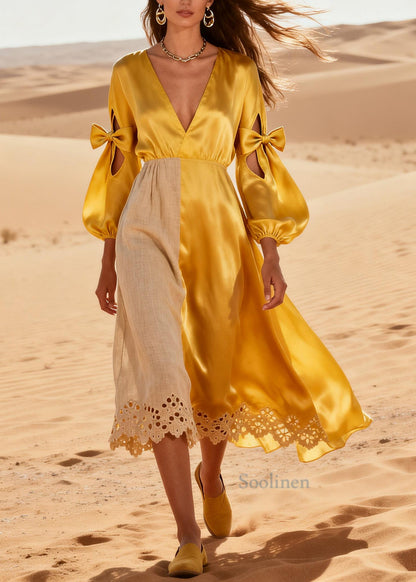 Modern Yellow Asymmetrical Patchwork Hollow Out Silk Robe Dresses Summer