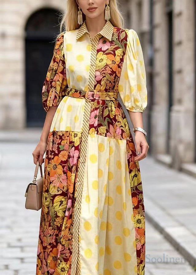 Modern Yellow Peter Pan Collar Print Cotton Dresses Summer