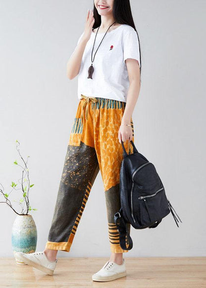 Modern Yellow Retro Colorblock Tie waist Fall Pants Denim - SooLinen