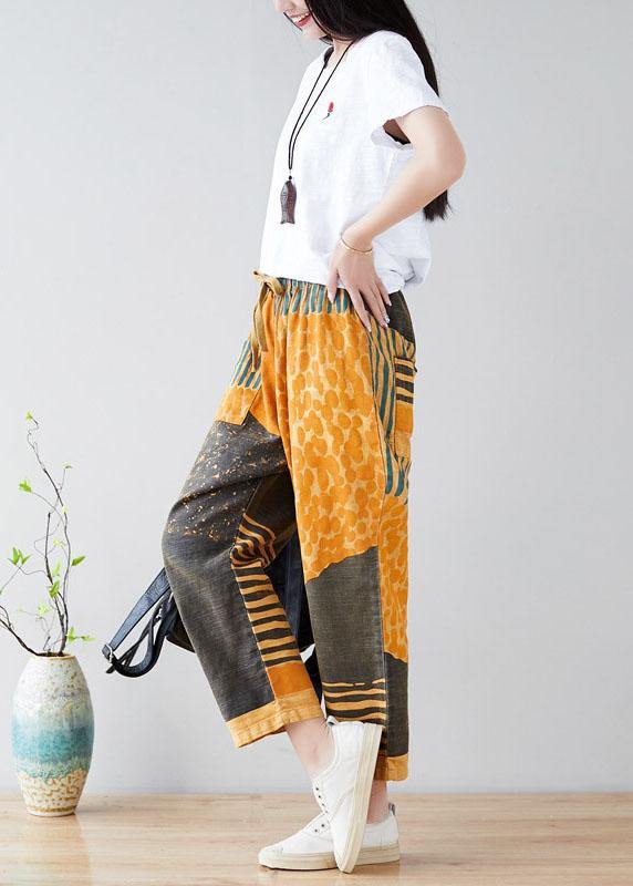 Modern Yellow Retro Colorblock Tie waist Fall Pants Denim - SooLinen