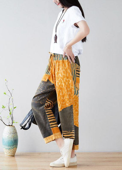 Modern Yellow Retro Colorblock Tie waist Fall Pants Denim - SooLinen