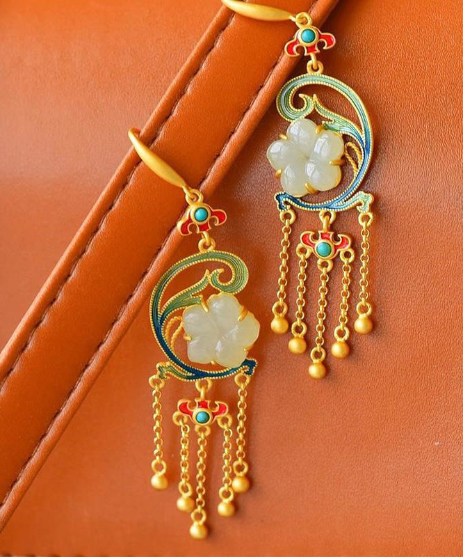 Moderne Tropfenohrringe aus gelbem Sterlingsilber mit Jade- und Türkiseinlage