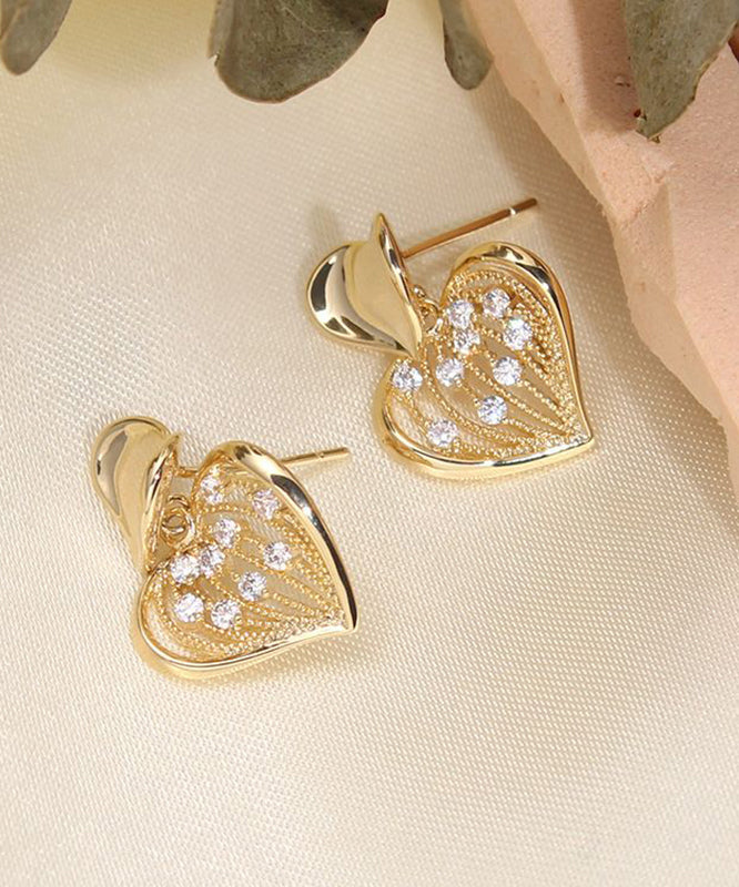 Modern Yellow Sterling Silver Overgild Zircon Love Stud Earrings