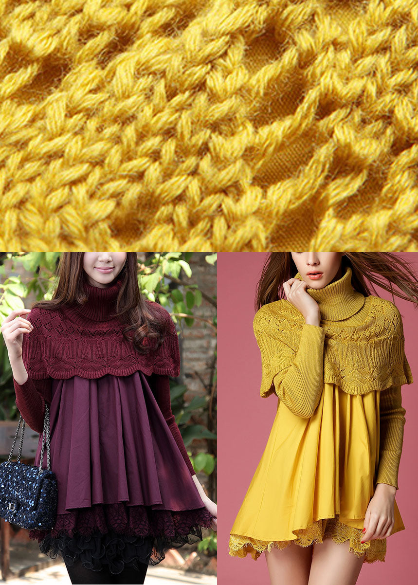 Modernes gelbes Rollkragen-Strick-Patchwork-A-Linien-Winterpulloverkleid