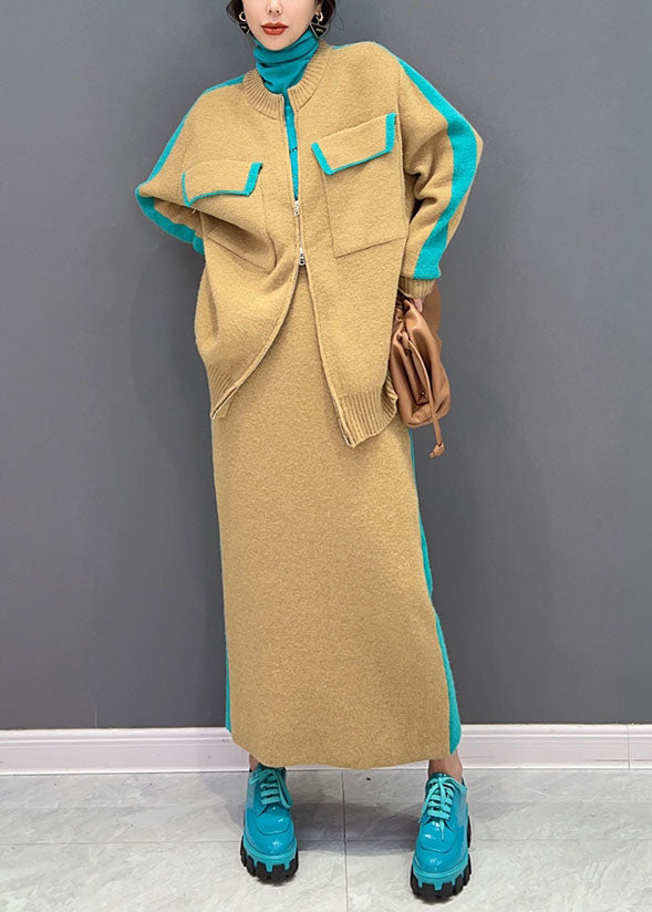 Moderne Gelb Reißverschluss Patchwork Dicken Strick Cardigan Und Rock Zwei Stücke Set Winter