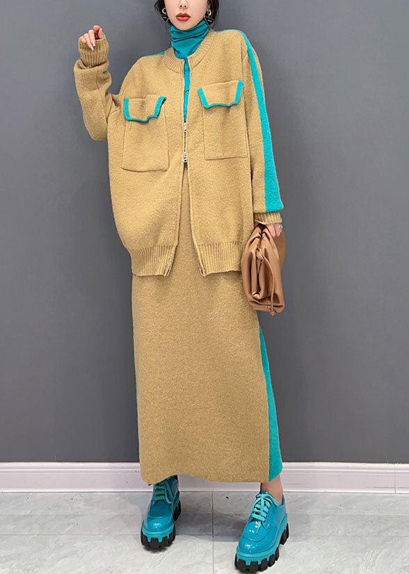 Moderne Gelb Reißverschluss Patchwork Dicken Strick Cardigan Und Rock Zwei Stücke Set Winter