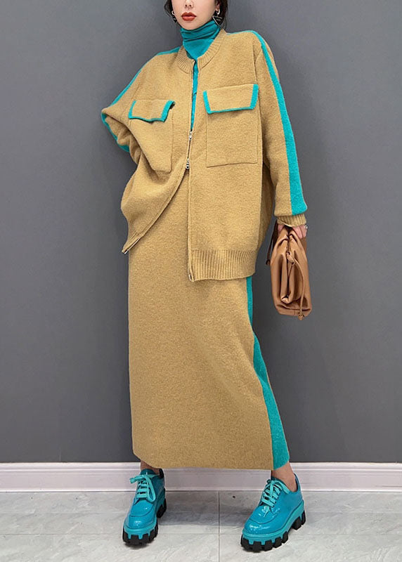 Moderne Gelb Reißverschluss Patchwork Dicken Strick Cardigan Und Rock Zwei Stücke Set Winter