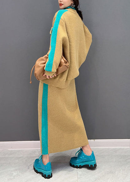 Moderne Gelb Reißverschluss Patchwork Dicken Strick Cardigan Und Rock Zwei Stücke Set Winter