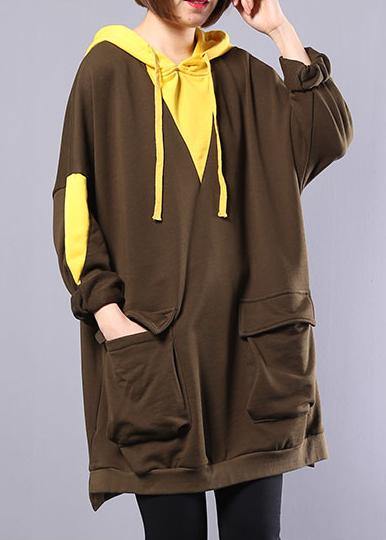 Modern army green patchwork cotton blouse women hooded oversized autumn tops - SooLinen