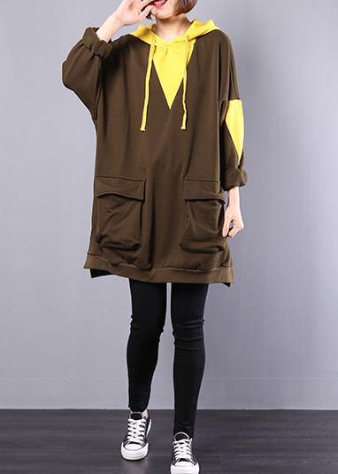 Modern army green patchwork cotton blouse women hooded oversized autumn tops - SooLinen