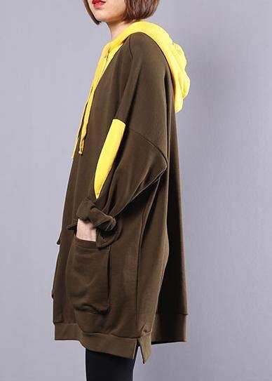 Modern army green patchwork cotton blouse women hooded oversized autumn tops - SooLinen