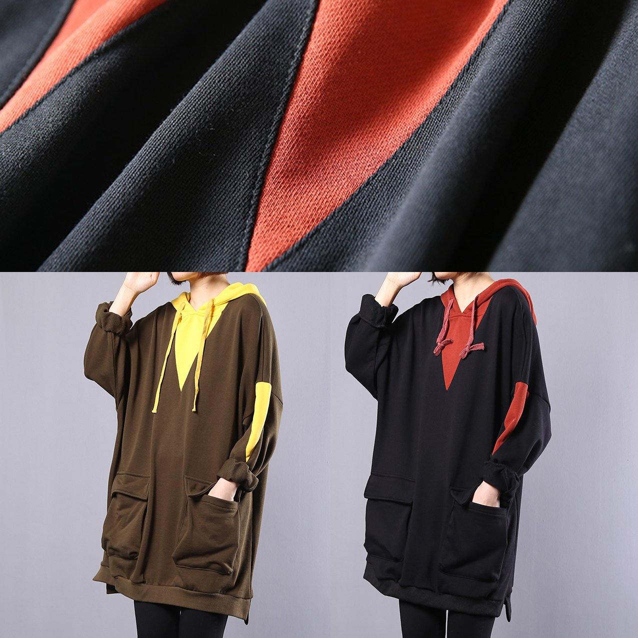 Modern army green patchwork cotton blouse women hooded oversized autumn tops - SooLinen