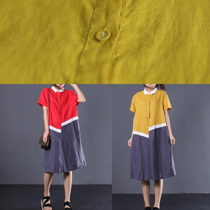Modern asymmetric patchwork linen clothes Women Neckline yellow POLO collar cotton Dresses summer - SooLinen