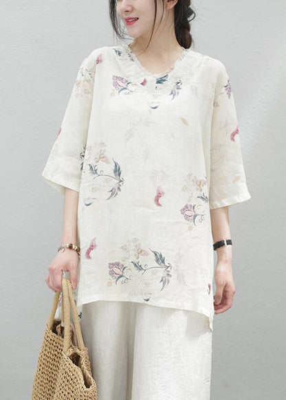 Modern beige print linen tunics for women v neck half sleeve baggy summer blouse - SooLinen