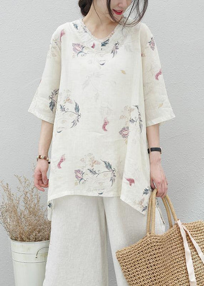 Modern beige print linen tunics for women v neck half sleeve baggy summer blouse - SooLinen