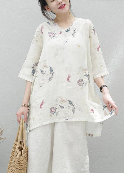 Modern beige print linen tunics for women v neck half sleeve baggy summer blouse - SooLinen