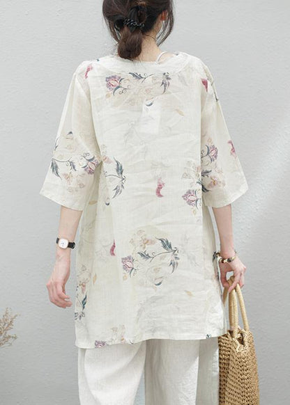 Modern beige print linen tunics for women v neck half sleeve baggy summer blouse - SooLinen