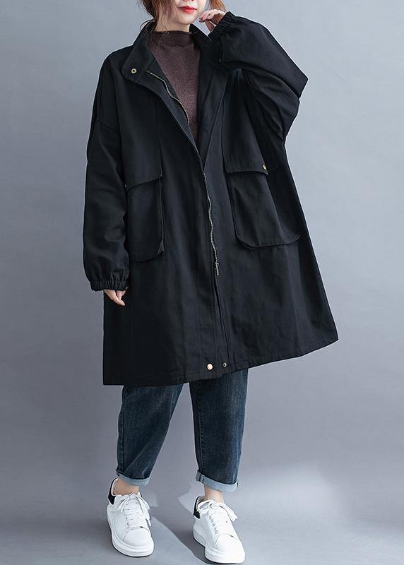 Modern black Fine coats women blouses Neckline stand collar Large pockets outwears - SooLinen