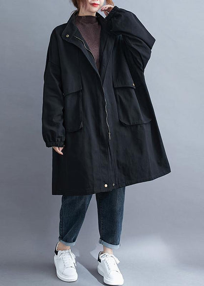 Modern black Fine coats women blouses Neckline stand collar Large pockets outwears - SooLinen