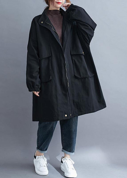 Modern black Fine coats women blouses Neckline stand collar Large pockets outwears - SooLinen