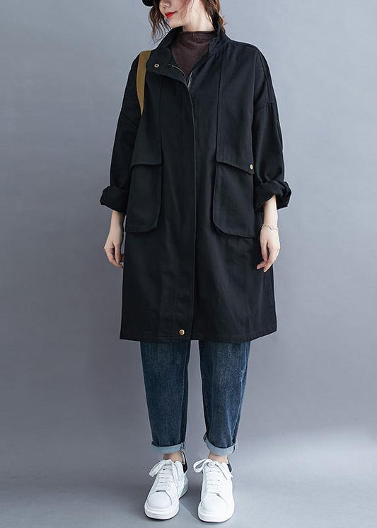 Modern black Fine coats women blouses Neckline stand collar Large pockets outwears - SooLinen