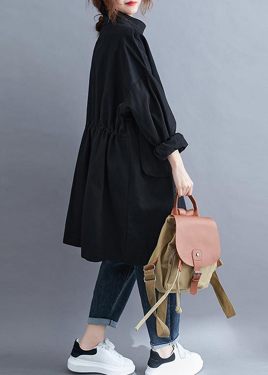 Modern black Fine coats women blouses Neckline stand collar Large pockets outwears - SooLinen