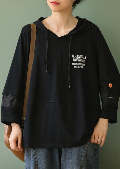 Modern black Letter clothes For Women hooded patchwork oversized tops - SooLinen