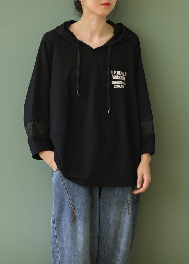 Modern black Letter clothes For Women hooded patchwork oversized tops - SooLinen