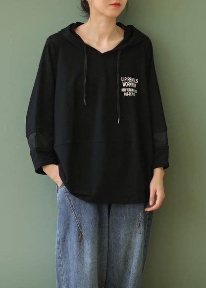 Modern black Letter clothes For Women hooded patchwork oversized tops - SooLinen