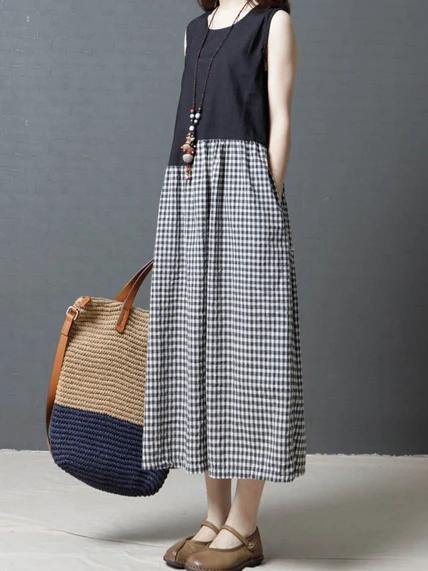 Modern black Plaid cotton linen dresses o neck sleeveless patchwork Maxi Dresses - SooLinen