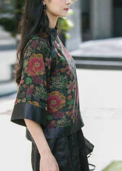 Moderne schwarze Stehkragen Knopfdruck Patchwork Seidentops Frühling