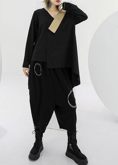 Modern black asymmetric cotton linen tops women v neck silhouette fall blouses - SooLinen