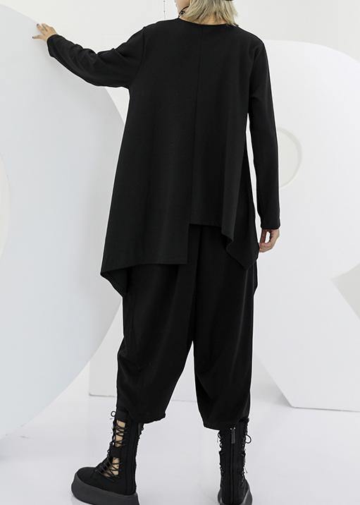 Modern black asymmetric cotton linen tops women v neck silhouette fall blouses - SooLinen