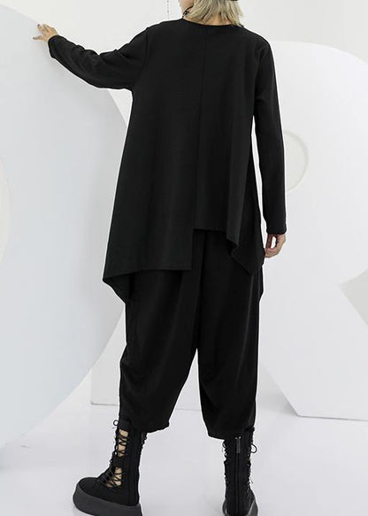 Modern black asymmetric cotton linen tops women v neck silhouette fall blouses - SooLinen