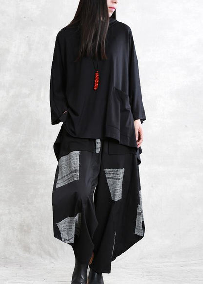 Modern black cotton blouses for women asymmetric daily shirts - SooLinen