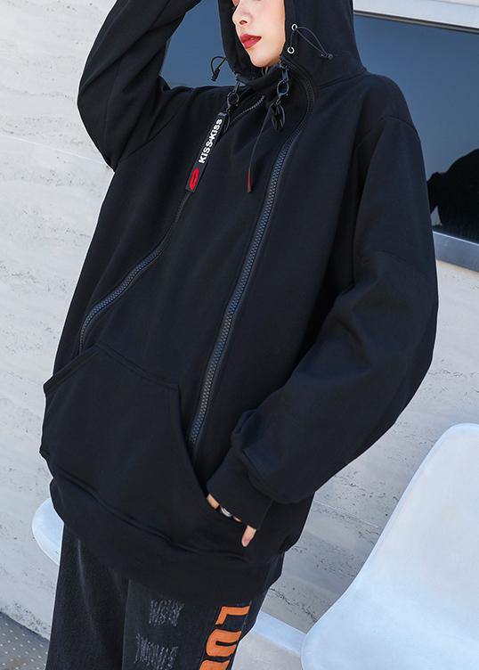 Modern black cotton clothes zippered short hooded shirts - SooLinen